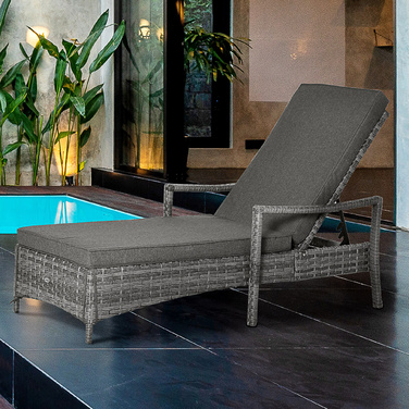 Outsunny Sun Lounger Ротанговий шезлонг Садовий шезлонг з регульованим чохлом на подушці сірий 192x62.5x52.5см для тераси та балкона