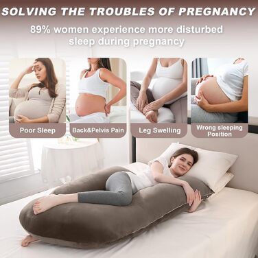 Вагітний подушка J-подібної форми, подушка для годування, подушка для підтримки тіла, подушка для вагітних знімний чохол, 140x70 см (Коричневий, Велюр)