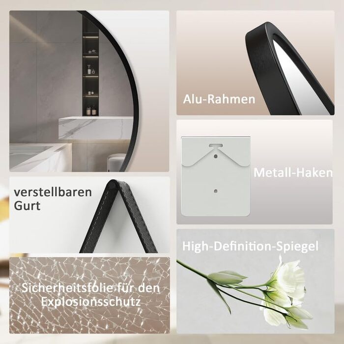 Круглий дзеркало Boromal Schwarz діаметром 40 см з реміннем, велике кругле дзеркало для ванної кімнати, спальні, вітальні, передпокою, з підвішуванням на стіну, з шкіряним реміннем