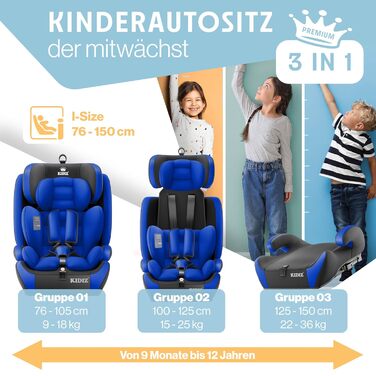 Автокрісло KIDIZ® 1+2+3 для дітей 9-36 кг з 5-точковим ременем безпеки, регульованою підголовником (синій), Isofix