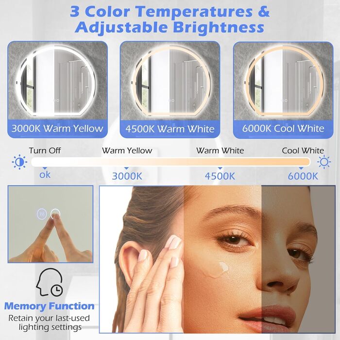 LED дзеркало для ванної кімнати FANTASK з підсвічуванням, проти запотівання, сенсорне керування, пам'ять, 60x54 см, срібло