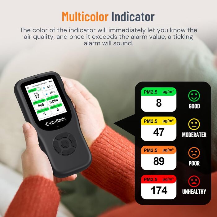 Детектор якості повітря LifeBasis 10 в 1: формальдегід, AQI, PM2.5/PM10, HCHO, TVOC, CO2, температура, вологість. USB зарядка для дому та офісу