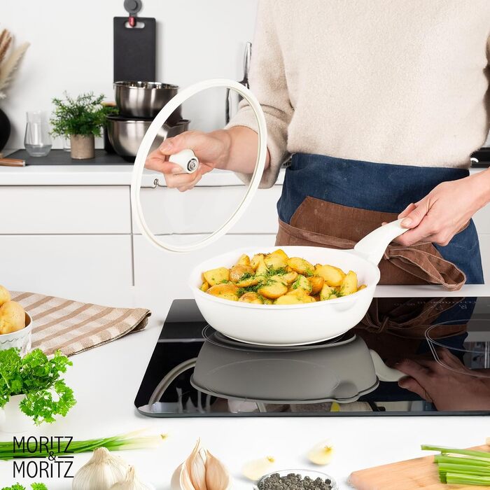Сковорода Moritz & Moritz 26 см з кришкою Бежева - антипригарне покриття, Soft-Touch ручка, для смаження, тушкування та приготування на пару, підходить для всіх типів плит