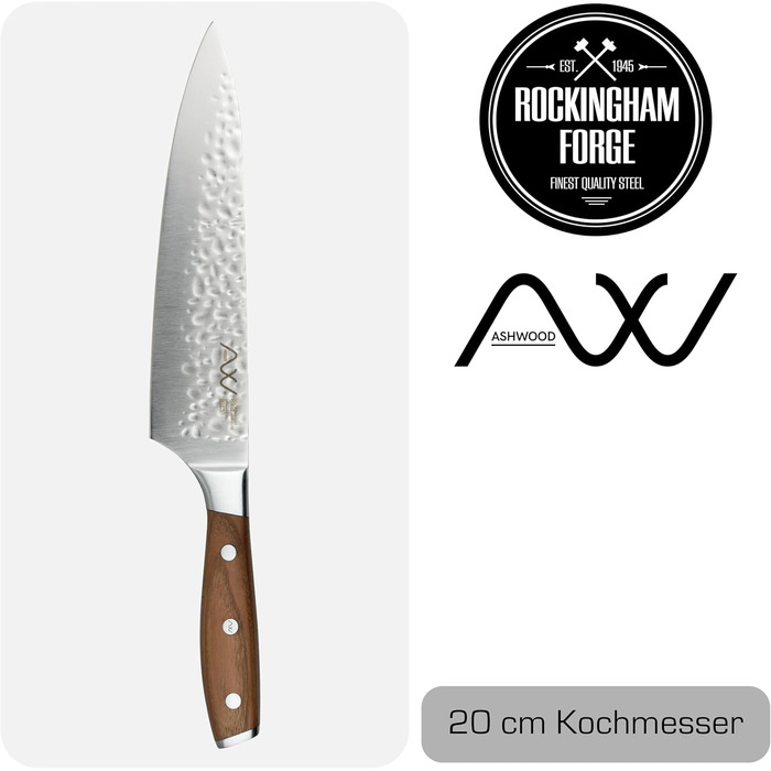 Набір кухонних ножів Rockingham Forge Ashwood 8 предметів з дерев'яною ручкою та точилка – Професійний набір ножів з високоякісної нержавіючої сталі