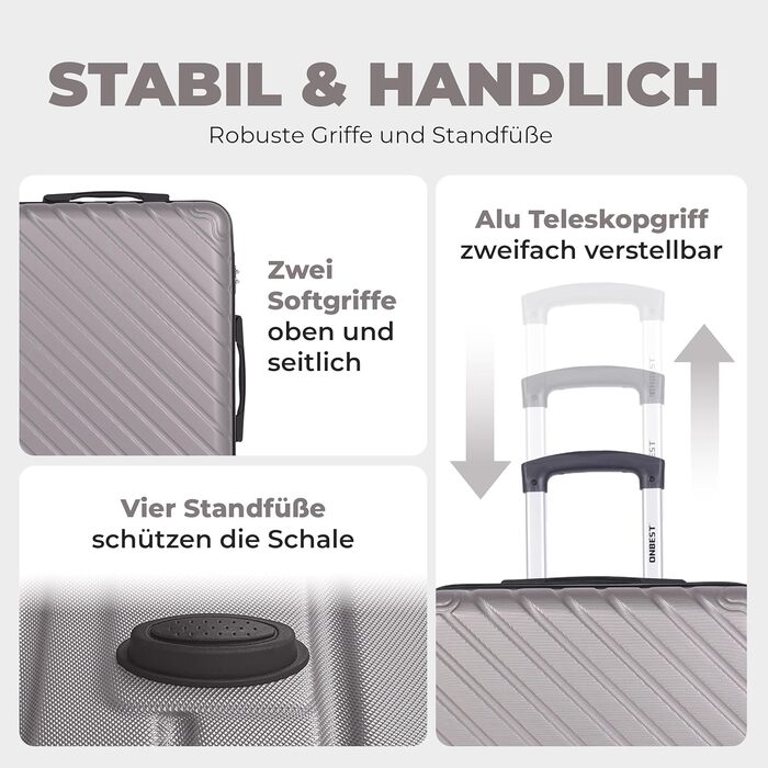 Набір валіз Onbest 3 шт. XXL (20', 24', 28') з ABS пластику – міцні та легкі валізи з колесами. В комплекті: валіза, ролтоп, валіза-ролкер + цифрова вага. Колір: шампань