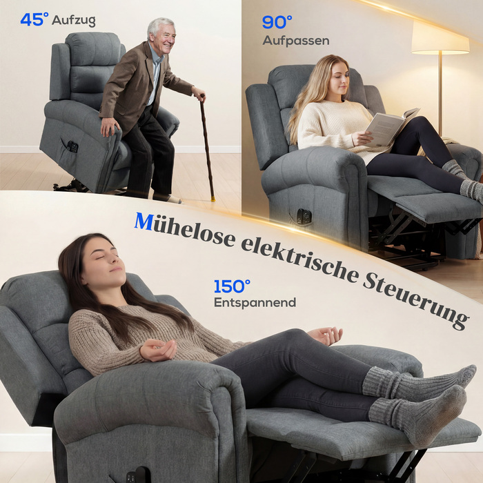 Крісло-масажер з підйомним механізмом, крісло для відпочинку, з функцією вібрації, регульоване нахилом, з текстурою льону, сірого кольору