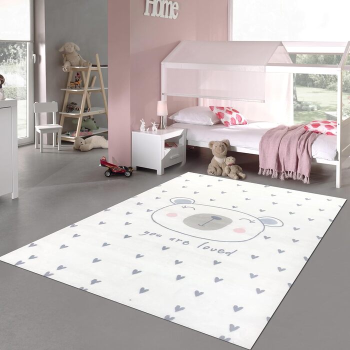 Килим Dream Дитячий килимок Пухнастий Soft Easy Care Stars Антрацит (80x150 см, Крем/Сердечка/Ведмедики)