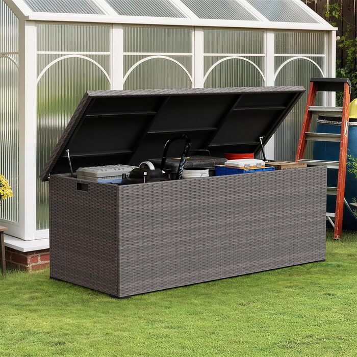 Водонепроникний садовий ящик Amopatio Gartenbox 650л з поліротангу для подушок, металевий ящик для зберігання з газліфтами для саду та балкону, сірий