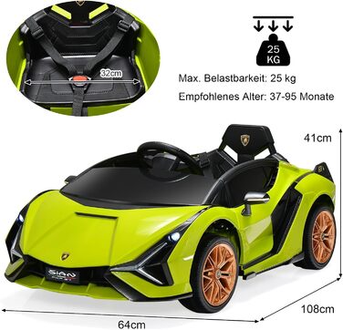 Дитячий електромобіль Lamborghini 12V з пультом, ременем безпеки, світлом, музикою та сигналом, електрокар для дітей від 3 років, зелений