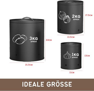 Коробки для зберігання картоплі, цибулі та часнику (набір 3 шт.) - Коробки для овочів з вентиляційними отворами, матовий чорний