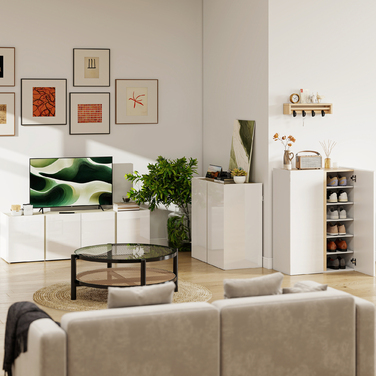 Тумба під телевізор для 65-дюймового телевізора, телевізійна шафа з м'яким закриттям дверей, регульовані полиці, отвори для кабелів, для вітальні, білий