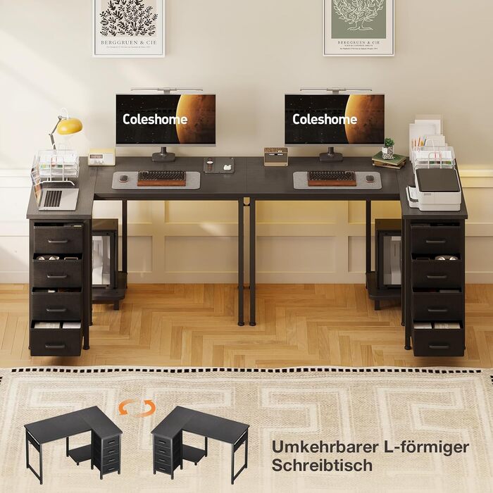 Комп'ютерний кутовий стіл Coleshome 100x70 см з 4 шухлядами, білий/чорний, для офісу, робочого кабінету, спальні