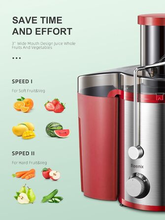 Reemix Соковитискач для овочів та фруктів, професійний Max Juicer з нержавіючої сталі, 800W, 3 швидкості, червоний
