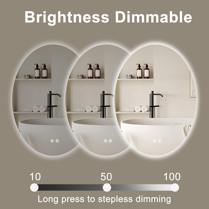 Дзеркало для ванної кімнати AONELAS BuLife з овальною підсвіткою, 71,1 x 50,8 см, антизапарник, 3 кольори, регульована яскравість, настінний монтаж, дзеркало для макіяжу з сенсорним вимикачем