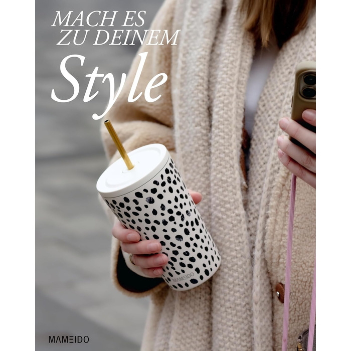 Термокружка MAMEIDO з соломкою: сталева, подвійні стінки, 470 мл, Almond Flakes