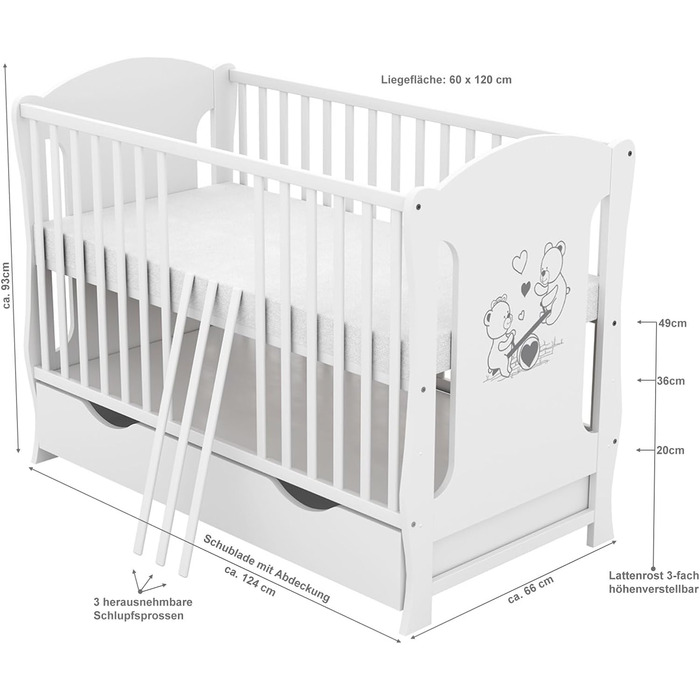 Дитяче ліжко Baby Delux 60x120 біле розкладне молодше ліжко з ящиком, матрацом і мотивом Teddy Rocker