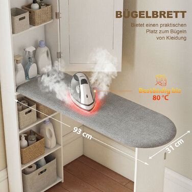 Шафа для прасувальної дошки зі дзеркалом та полицями, компактна, біла - 106x35x174 см