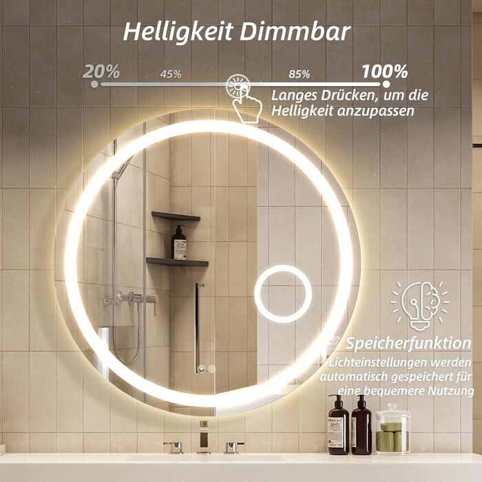 Дзеркало для ванної кімнати HySail з підсвічуванням, 5 мм, висока роздільна здатність, срібне покриття, 3 колірні температури та регульована яскравість, настінне дзеркало з сенсорним вимикачем та антизапарюючим покриттям, кругле (80x80 см)