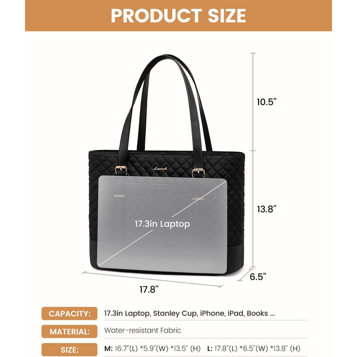 Сумка для ноутбука LOVEVOOK 15.6/17.3 дюйма, жіноча, з відділенням для ланчу, чорна, для офісу, навчання, ділових поїздок