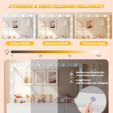 Дзеркальний туалетний столик Airfish з LED-підсвіткою та великим дзеркалом, 120x40x140 см. Туалетний столик з шухлядами та косметичним ящиком для спальні, білий