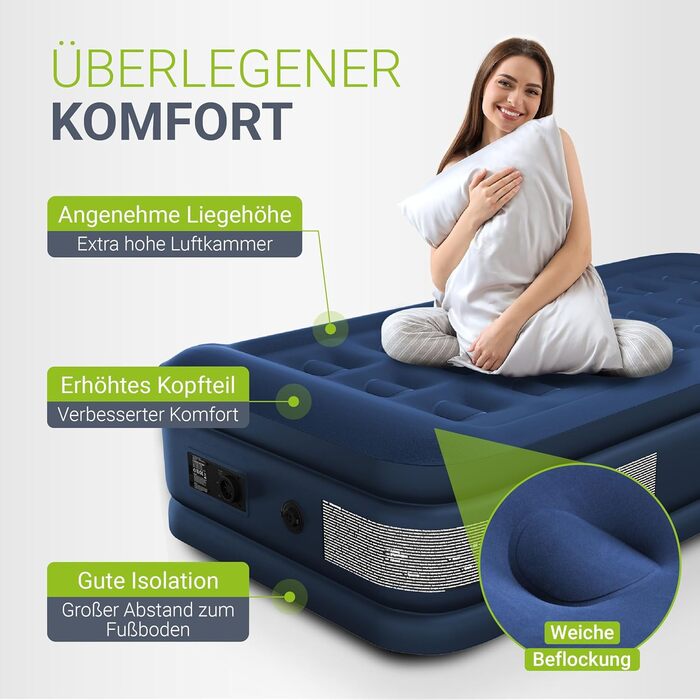 Надувний матрац Juskys Sapri M блакитного кольору - 1 особа, самонадувний, для гостей та кемпінгу, з вбудованим насосом