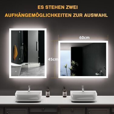 LED дзеркало для ванної кімнати 80x60 см з підсвічуванням, 3 кольори світла, регулювання яскравості, антизапарник, сенсорне керування, пам'ять, IP44, вологостійке, 6500K