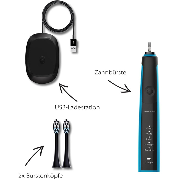 Електрична зубна щітка Tristan Auron SonicMaster (Блакитна) - 6 голів, акумулятор 60 днів, 5 режимів, 55000 VPM, таймер 2 хв, з чохлом