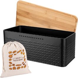 Хлібник Royouzi, 33x215см, карбонове покриття, дерев'яна кришка, полотняний мішок для хліба, вентиляційні отвори, чорний, свіжий