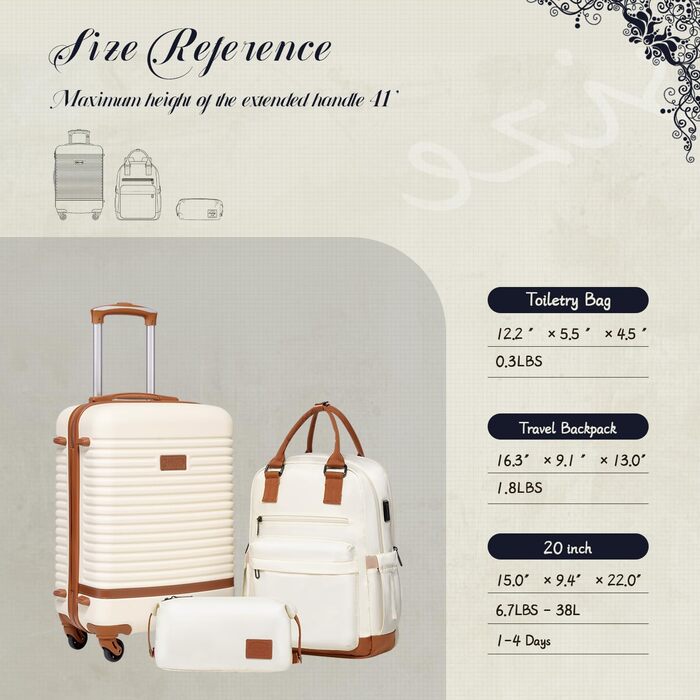 Набір валіз Coolife 3 шт. (BP/TB/20), ручна поклажа, TSA-замок, спіннер-колеса, жорсткий корпус, легкий, білий/оптимальний сад