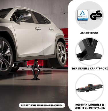 Підйомник гідравлічний ножичний HEYNER® 2т з кейсом, храповий механізм 17мм, гумові накладки, висота підйому 98-442мм. Автомобільний домкрат, сертифікат TÜV/GS