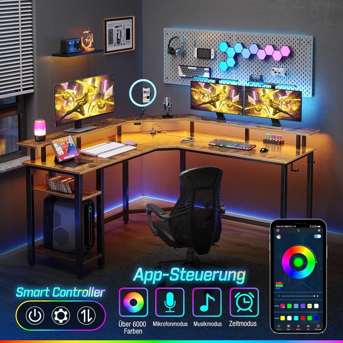 Комп'ютерний стіл Rolanstar L-подібний з RGB підсвічуванням та розетками, геймінговий стіл з полицею та 2 гачками, для офісу, робочого кабінету, спальні (117см) (Вінтажний коричневий, 137 x 77 x 87 см)