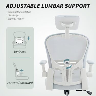 Офісне крісло Vinsetto з високою спинкою, сітчаста тканина, комп'ютерне крісло з обертовою підголівником, 4D підтримка попереку, підйомні підлокітники, регульована висота, білий колір