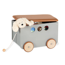 Коробка для іграшок PINOLINO Jim, виготовлена з дерева та штучної шкіри, зі шнурком, прогумованими дерев'яними колесами та знімною кришкою, сіра лакована/коричнева штучна шкіра