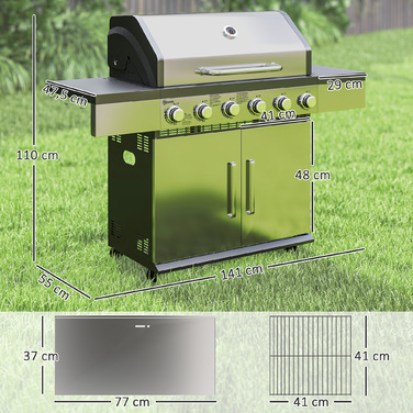 Газовий гриль Outsunny 8500BTU з візком, включаючи 6 нержавіючих пальника, роликів, термометра, редуктора тиску, газового шлангу, кришки та бічних полиць. Барбекю для балкона, кемпінгу, саду, розміром 141 x 55 x 110 см | Aosom