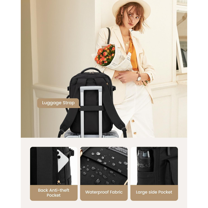 LOVEVOOK Рюкзак для ручної поклажі, жіночий рюкзак для подорожей, водонепроникний рюкзак для ноутбука 17 дюймів, шкільний рюкзак для жінок/студенток, чорний/коричневий (45x32x15 см)