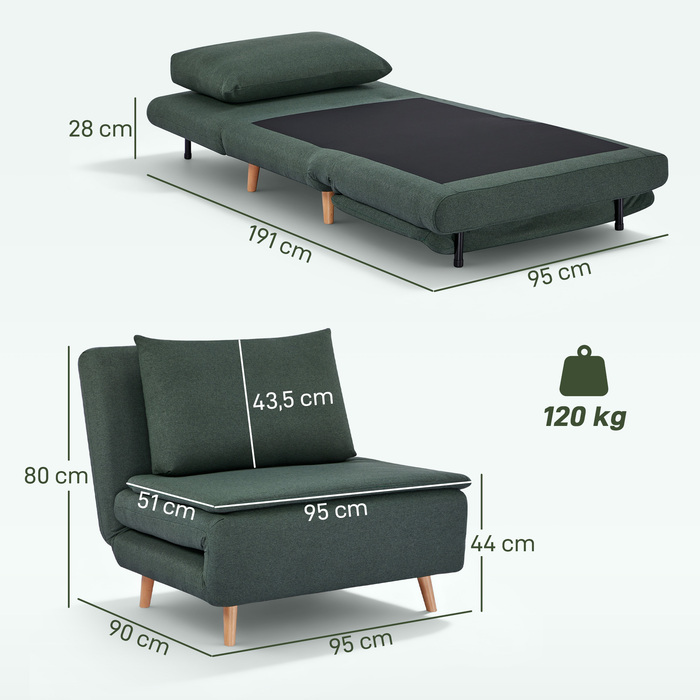 Тріо-функції: розкладний крісло-ліжко, крісло для відпочинку, регульована спинка, букові ніжки, подушка, темно-зелений