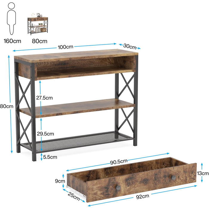 Консольний стіл Tribesigns з ящиком, 2 полиці, дерево та метал, сільський журнальний столик для вітальні