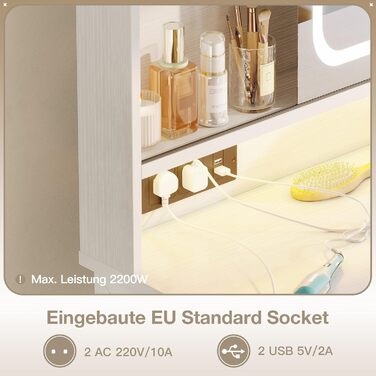 Дзеркальний туалетний столик ODK з регульованим LED-дзеркалом, USB-роз'ємами та RGB-підсвіткою, 5 висувними ящиками та 3 полицями, білий, 90×40×139 см