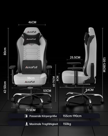 Ігровий крісло AutoFull C3 з ергономічною підтримкою спини | З регульованими підлокітниками, підставкою для ніг, подушками для голови та попереку | Макс. вага 150 кг | Сірий з тканинного покриття