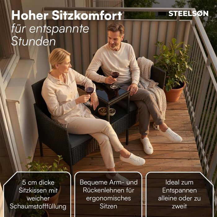 Садова лавка STEELSØN Velara з вбудованим столиком, ротангова 2-місна, чорна з подушками - вуличні меблі, стійкі до погодних умов, для тераси та балкона (до 320 кг), з скляною полицею, сталевий каркас