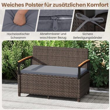 Лавка садова Costway з ротангу Polyrattan, з ящиком для зберігання, 2-місна, сіра (120x61x84 см) для балкона, тераси, саду з подушками