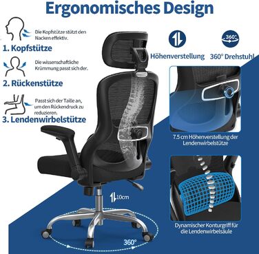 Офісне крісло TRALT Ergonomiczne: регульована підголовник, поперекова підтримка, для великих людей, сітка, 150 кг, чорний
