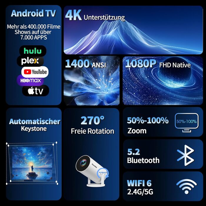 Beamer 4K проєктор: Full HD 1080P, WiFi 6, Bluetooth 5.2, Android, портативний, поворотний 270°, авто-корекція Keystone, для PC/HDMI/USB, з мишкою та пультом, білий