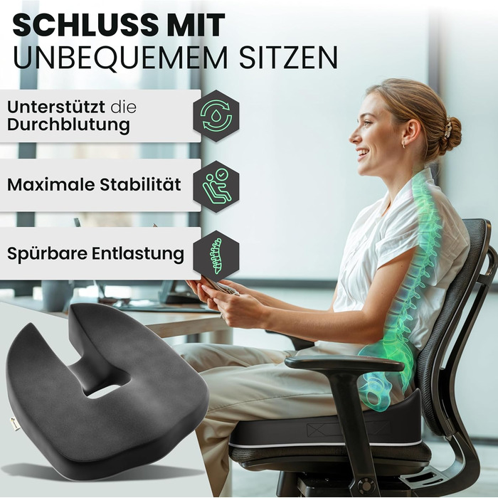 Ортопедична подушка для сидіння – ергономічна, з піною з пам'яті, знімає навантаження з куприка та спини, готова до використання – сертифікована IGR та перевірена Oeko-Tex, ідеальна для офісу, авто, подорожей та вагітності