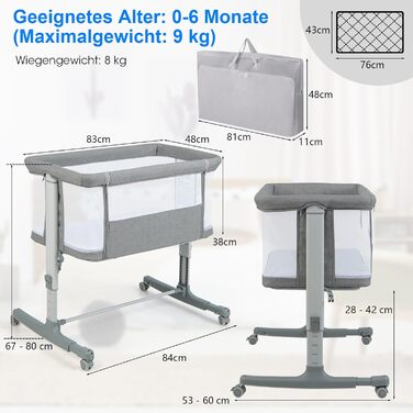 DREAMADE Beistellліжко 2-в-1 з регулюванням висоти, 5-рівнів, для новонароджених, з матрацом та колесами, 86 x 63 см, нахил 10°, сірий колір