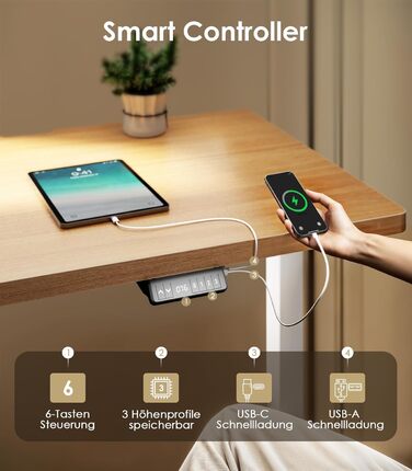 Електричний регульований стіл OffiGo 120x60 см з двома моторами, USB-порт, 3 функції пам'яті, дуб