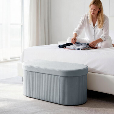 Зручна банкетка з ящиком для зберігання, розкладна, оббивка з ефектом оксамиту для вітальні, 76 x 38 x 35 см, темно-сіра