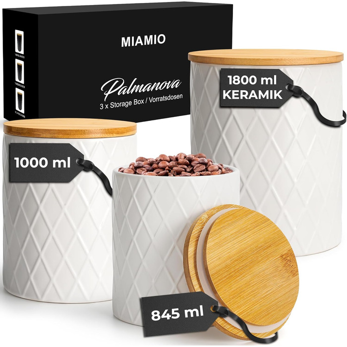 Набір з 3 вазок для зберігання Miamio Palmanova, кераміка з дерев'яним кришкою, білий колір