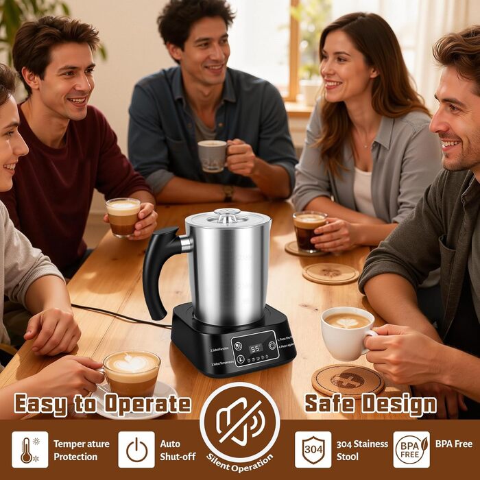 Електричний спінювач молока 5-в-1 з нержавіючої сталі, 500 мл, знімний контейнер, контроль температури, для гарячого та холодного молока, капучино, лате