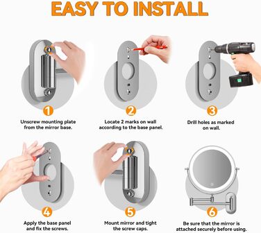 Дзеркало для макіяжу Auxmir з підсвічуванням 1X/30X, перезаряджуване, з LED, для гоління та макіяжу, настінне, поворотне на 360°, з 3 кольорами світла, 3200mAh, срібне